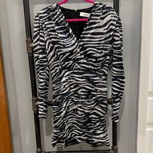 Mishka Black and White Sequined Zebra-Print Long Sleeve Mini Dress